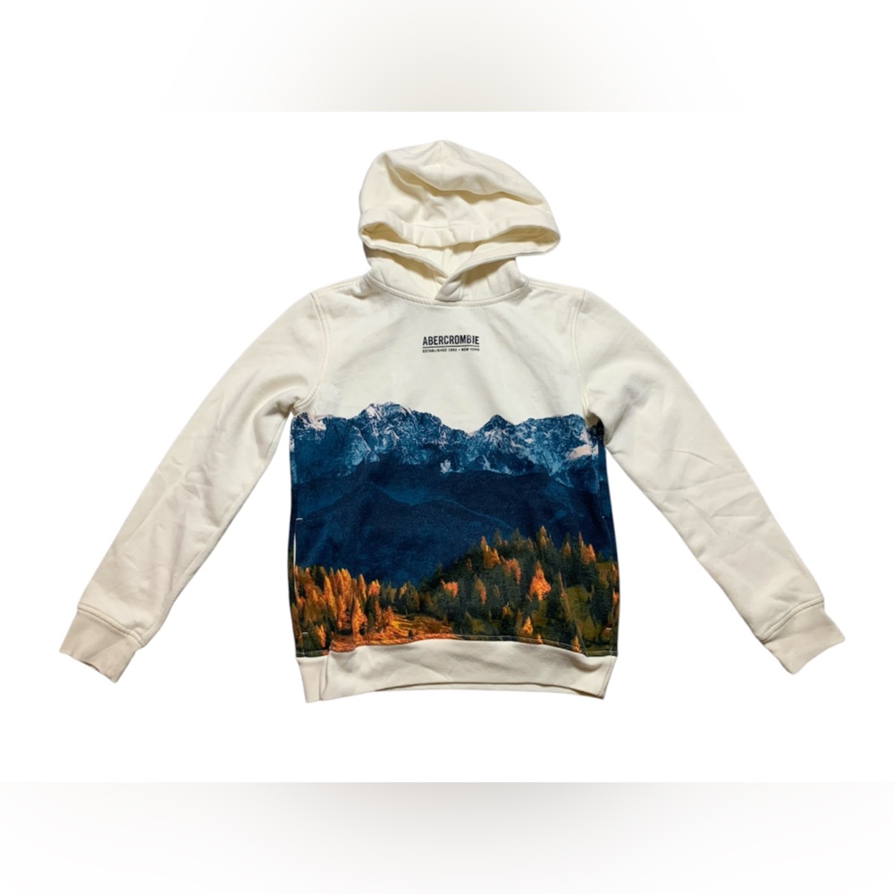 Abercrombie‎ & Fitch Kids White Blue Mountain Print Hoodie Pullover Size 13/14
